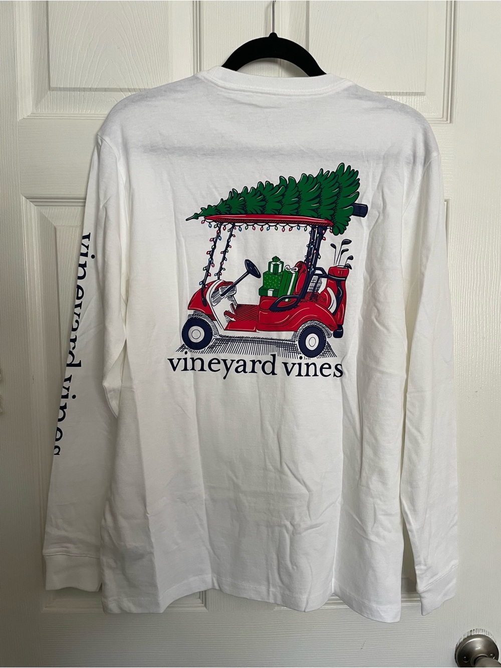 NWT Vineyard Vines Holiday White Long-Sleeve Graphic Tee - Red Golf Cart Print